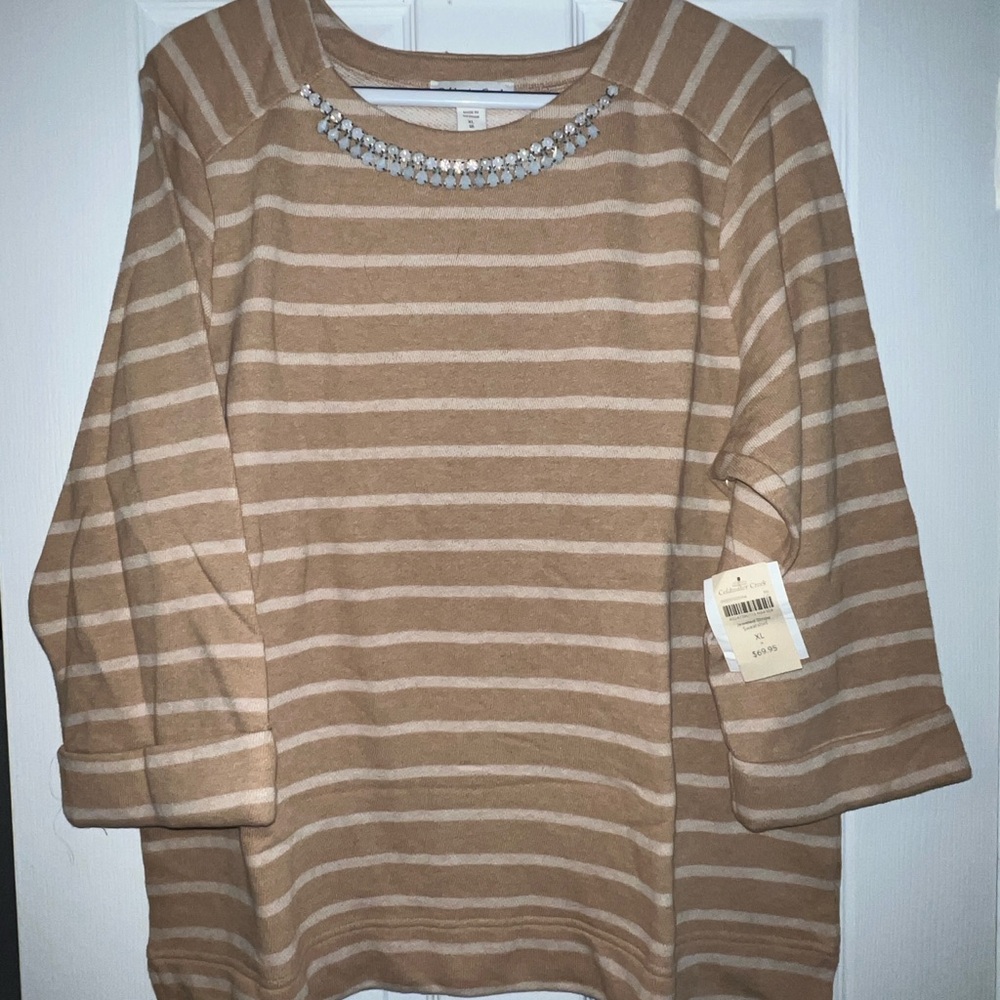 Vintage Coldwater Creek Tan and Cream Striped Sweatshirt
